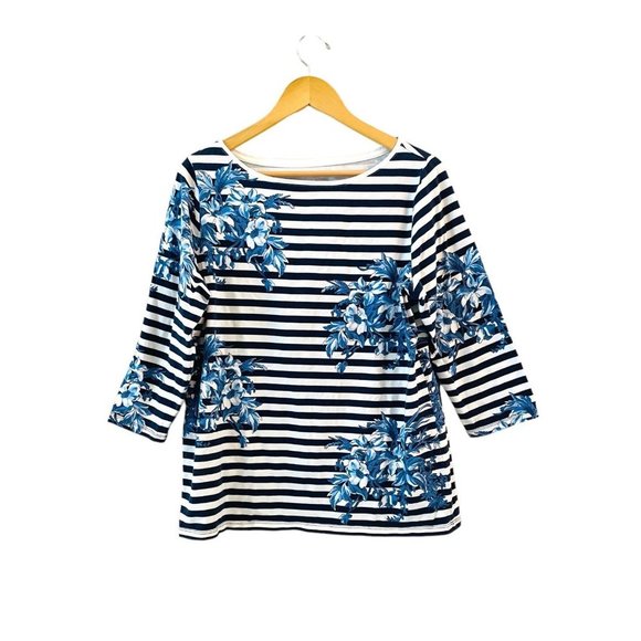 Talbots Classic Crewneck Blue White Floral 3/4 Sleeve Striped Tee Sz 1X - Picture 1 of 6